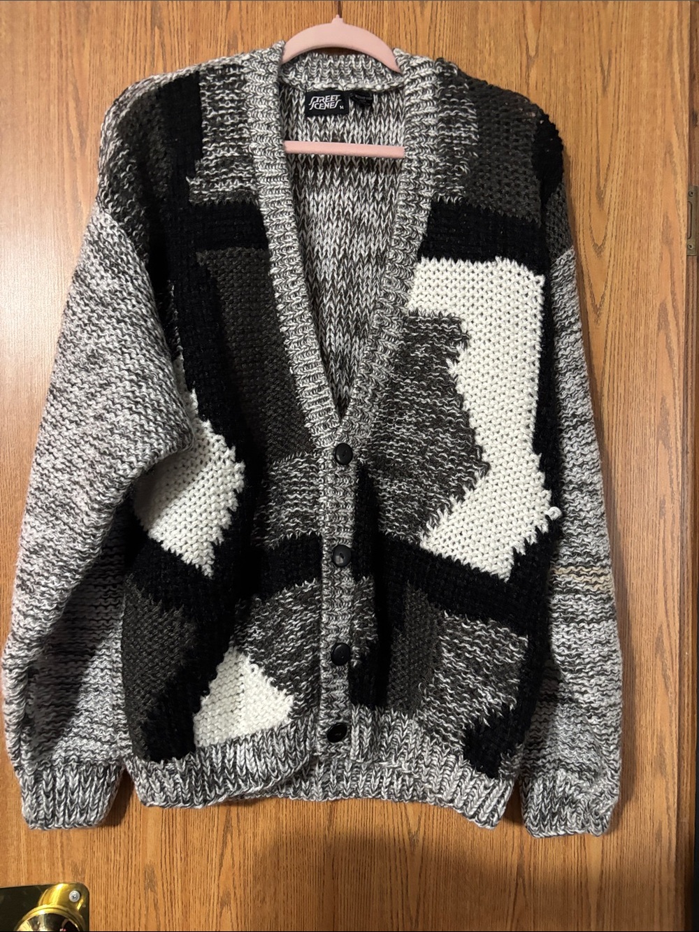 Geometric Patchwork Button-Front Cardigan — Black, Gray & Cream